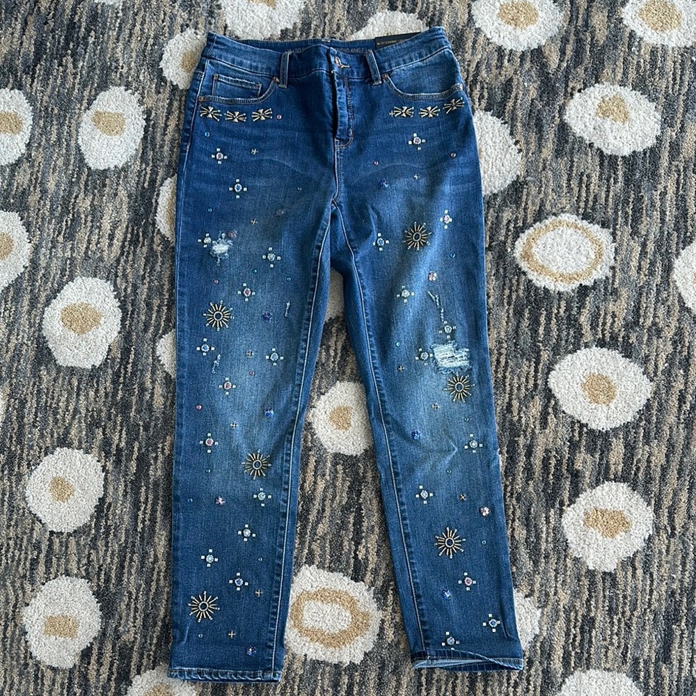 Brand New Chico’s Embellished Ankle Blue Jeans with Crystals and gemstones